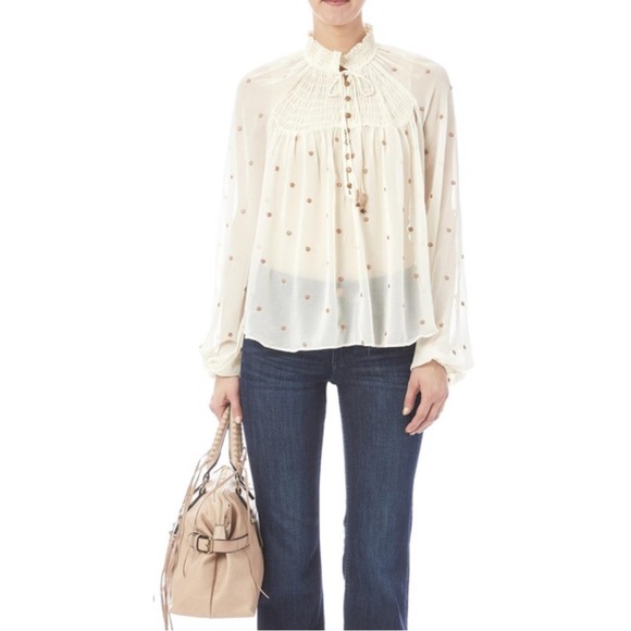 FREE PEOPLE Sheer Cream Metallic Gold Clip Dot Smocked Oversized Tunic Blouse - Picture 17 of 17